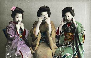 تكلم لا شر ، لا ترى شرًا ، اسمع لا شر ، c1880 (صورة زخرفية ملونة يدويًا) بواسطة المدرسة اليابانية
