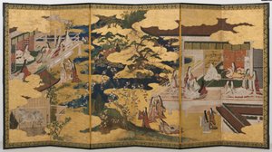 الربيع في القصر ، شاشة سداسية من حكاية جينجي ، c.1650 (حبر ، ألوان وذهب على ورق) بواسطة المدرسة اليابانية