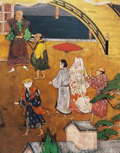 وصول البرتغاليين إلى اليابان ، تفاصيل مشهد الشارع ، من شاشة Namban Byobu ، 1594-1618 بواسطة المدرسة اليابانية