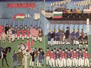 وصول سرب العميد البحري بيري إلى ميناء ياباني عام 1853 (طبعة خشبية ملونة) بواسطة المدرسة اليابانية