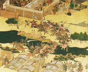 معركة هوجن من شاشة ، فترة موماياما (1568-1600) (قلم وحبر ولون وذهب مرسوم على اللوحة) (التفاصيل)