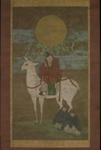 المغادرة من كاشيما (إله الكاسوغا خارجًا) ، أواخر القرن الرابع عشر (لفيفة معلقة: حبر ولون وذهب على الحرير) بواسطة المدرسة اليابانية