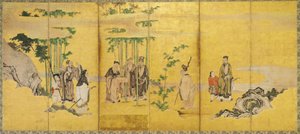 الحكماء السبعة في بستان الخيزران ، كان؟ المدرسة (الحبر واللون والذهب والورقة الذهبية على ورق) بواسطة المدرسة اليابانية