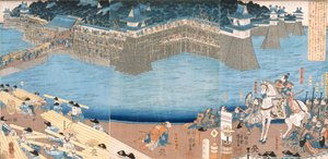 لوحة ثلاثية تُظهر حصنًا بناه نهر كونيغوس ، فترة إيدو 1603-1868. بواسطة المدرسة اليابانية