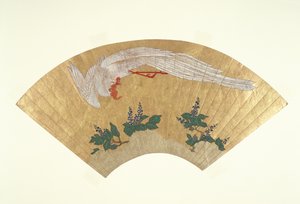 مروحة غير مركبة: غطس طائر على خيزران مغطى بالثلوج ، c.1700-60 (ذهب ومرحاض على ورق)