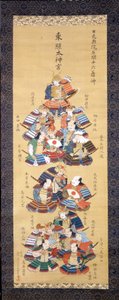 يوشيتسون ميناموتو مع ستة عشر ساموراي من طبقة النبلاء. (كاكيمونو القرن السابع عشر) - الرسم على الحرير. بواسطة المدرسة اليابانية