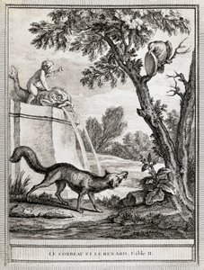 الغراب والثعلب ، رسم توضيحي لجين بابتيست أودري (1686-1755) للحكاية التي كتبها جان دي لافونتين (1621-1695) بواسطة جان بابتيست أودري