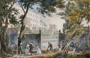 مشهد جالانت عند مدخل فيلا في روما ، حوالي عام 1820 ، نقش بواسطة جان بابتيست توماس (1791.1833) بواسطة جان بابتيست توماس