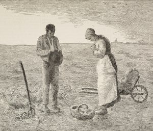 Angelus، زوجان من المزارعين في الحقول، نقش من لوحة لجان فرانسوا ميليت (1814-1875)، رسام فرنسي، من L'Illustrazione Italiana، السنة 16، العدد 32، 11 أغسطس بواسطة جان فرانسوا ميلت