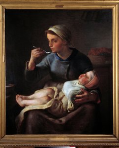 امرأة تجعل طفلها يأكل. لوحة جان فرانسوا ميليت (1814-1875) بواسطة جان فرانسوا ميلت