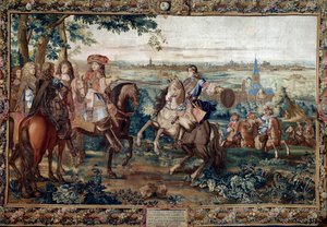 تابع من Histoire du Roi: "" القبض على ليل بواسطة لويس الرابع عشر ، أغسطس 1667 بعد الورق المقوى للقديس أندريه. لوحة رسمتها ورشة جان موزين (القرن السابع عشر) في مصنع جوبيلينز. خافت. 3،7x5،5 م. قصر فرساي ، متحف القلعة بواسطة جان (ورشة عمل) موزين
