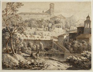 فنان رسم على طول ضفة النهر ، أسفل بلدة إيطالية ، c.1780 (حبر وغسل على ورق مضغوط ، آثار طباشير سوداء) بواسطة جان أنطوان كونستانتين