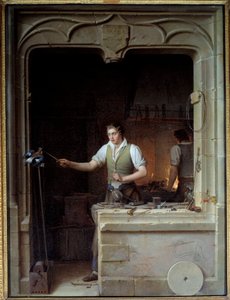 يحاول صانع الأقفال أن يقضم ملفه إلى رسم جاي لأساطير جان دي لافونتين. رسم جان أنطوان لوران (1763-1832) 1829 صن. 0،86x0،65 m - صانع الأقفال يسعى لعمل عضة جاي في ملفه المعدني. رسم توضيحي لـ Fa بواسطة جان أنطوان لوران
