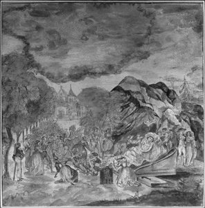 أشخاص يتقدمون بالقرب من جثة مارات بالقرب من مغارة Les Cordeliers ، 1793 (قلم رصاص ومرحاض على الورق) بواسطة جان أنطوان لوران