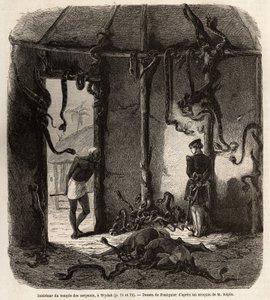 داخل معبد ثعابين فيتيش ، في ويدا ، في داهومي (بنين الحالية) ، رسم جان أنطوان فولكييه (1822-1896) ، لتوضيح رحلة الدكتور ريبين إلى داهومي في عام 1860. نقش في "" Le tour du monde " "، الذي حرره إدوارد شارتون