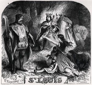 سانت لويس تحقق العدالة تحت شجرة بلوط في فينسين ، من "Histoire de France en Tableaux" ، نقش بواسطة Pannemaker (نقش) (صورة بالأبيض والأسود)