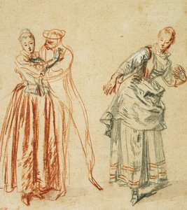 مشهد من Commedia dell "arte: فتاة تقاوم تقدم الممثل الكوميدي ، وممثلة تنفذ خطوة ، ج .1718 بواسطة جان أنطوان واتو