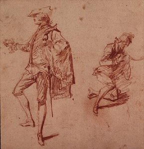 رسم شاب يقف وآخر راكع (ورقة تلوين) بواسطة جان أنطوان واتو