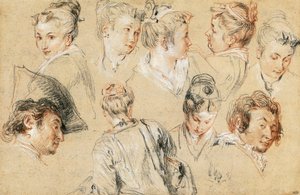 Study of heads, by Jean-Antoine Watteau (1684-1721), drawing بواسطة جان أنطوان واتو
