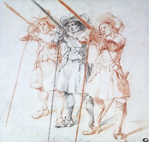 ثلاثة Arquebusiers ، 1712 (الطباشير الأسود والأحمر على الورق) بواسطة جان أنطوان واتو