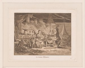 داخل حظيرة بها شخصان على مقعد ورجل بجوار نار La Lampe Polonoise (العنوان على الكائن) بواسطة جان بابتيست لبرينس