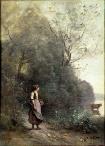 امرأة فلاحية ترعى بقرة على حافة غابة ، c.1865-70 بواسطة جان بابتيست كميل كوروت