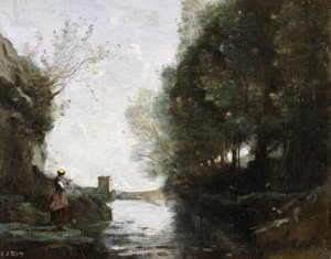 نهر ببرج مربع ومزارع في المقدمة ، c.1865-70 بواسطة جان بابتيست كميل كوروت