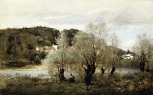 صياد على حافة بركة في قرية أفاري ؛ Pecheur au Bord de L "Etang a Ville d" Avray، c.1850-55 بواسطة جان بابتيست كميل كوروت