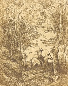 فارس في الغابة ، لوحة كبيرة Le Grand Cavalier sous bois ، c. 1854. بواسطة جان بابتيست كميل كوروت