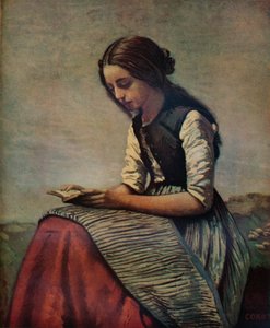 ضوء القراءة الصغير أو الراعية الشابة جالسة وقراءة ، c1855 بواسطة جان بابتيست كميل كوروت