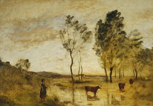 فورد ؛ الأبقار على حافة فورد. Le Gue ؛ الأبقار في بورد دو جو ، 1870-1873 بواسطة جان بابتيست كميل كوروت