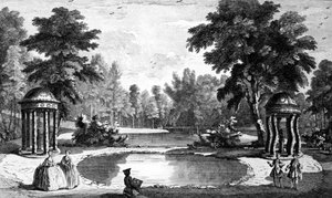 منظر للكهف ومعابد صدفة ، Stowe House Gardens ، منقوش بواسطة جورج بيكهام ، 1753