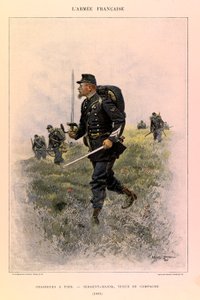 أنواع وأزياء الجيش الفرنسي للكابتن جول ريتشارد ، التي رسمها إدوارد ديتايل (1848-1912): صيادو الأقدام: الرقيب الرائد في اللباس الميداني في عام 1885 ، مجموعة خاصة بواسطة جان بابتيست إدوارد التفاصيل