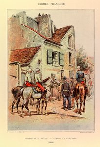 أنواع وأزياء الجيش الفرنسي للكابتن جول ريتشارد ، التي رسمها إدوارد ديتايل (1848-1912): الصيادون على ظهور الخيل ؛ الخدمة الميدانية في عام 1886 ، مجموعة خاصة بواسطة جان بابتيست إدوارد التفاصيل