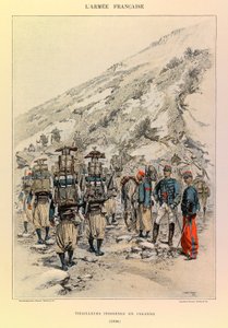 أنواع وأزياء الجيش الفرنسي للكابتن جول ريتشارد ، التي رسمها إدوارد ديتايل (1848-1912): Indigenes Tirailleurs في العمود عام 1886 ، مجموعة خاصة بواسطة جان بابتيست إدوارد التفاصيل