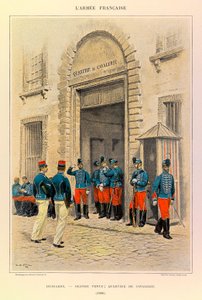 أنواع وأزياء الجيش الفرنسي للكابتن جول ريتشارد ، التي رسمها إدوارد ديتايل (1848-1912): الفرسان في اللباس الرائع ؛ منطقة الفرسان عام 1886 ، مجموعة خاصة بواسطة جان بابتيست إدوارد التفاصيل