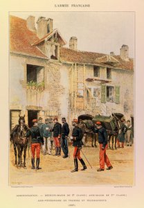أنواع وأزياء الجيش الفرنسي للكابتن جول ريتشارد ، موضحة من قبل إدوارد ديتايل (1848-1912): الإدارة: تخصص طبي من الدرجة الثانية ؛ رائد مساعد 1 ، فئة ere ؛ مساعد بيطري أول و Telegrapher في عام 1887 ، مجموعة خاصة بواسطة جان بابتيست إدوارد التفاصيل