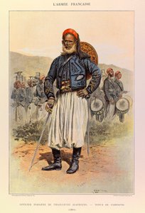 أنواع وأزياء الجيش الفرنسي للكابتن جول ريتشارد ، مصورة من قبل إدوارد ديتايل (1848-1912): ضابط أصلي للون الجزائريين يرتدون الزي الميداني في عام 1886 ، مجموعة خاصة بواسطة جان بابتيست إدوارد التفاصيل