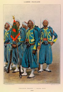 أنواع وأزياء الجيش الفرنسي للكابتن جول ريتشارد ، التي رسمها إدوارد ديتايل (1848-1912): تيرايليور الأصليون يرتدون زيًا رائعًا في عام 1886 ، مجموعة خاصة بواسطة جان بابتيست إدوارد التفاصيل