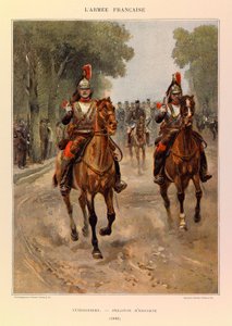أنواع وأزياء الجيش الفرنسي للكابتن جول ريتشارد ، التي رسمها إدوارد ديتايل (1848-1912): Cuirassiers: فصيلة مرافقة في عام 1885 ، مجموعة خاصة بواسطة جان بابتيست إدوارد التفاصيل