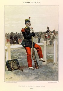 أنواع وأزياء الجيش الفرنسي للكابتن جول ريتشارد ، موضحة بقلم إدوارد ديتيل (1848-1912): مشاة دي لاين بأسلوب غراندي في عام 1885 ، مجموعة جزئية بواسطة جان بابتيست إدوارد التفاصيل