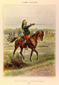 أنواع وأزياء الجيش الفرنسي للكابتن جول ريتشارد ، التي رسمها إدوارد ديتايل (1848-1912): ضابط التنين في بدلة المناورة في عام 1885 ، مجموعة خاصة بواسطة جان بابتيست إدوارد التفاصيل