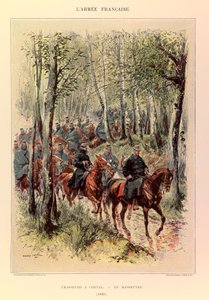 أنواع وأزياء الجيش الفرنسي للكابتن جول ريتشارد ، التي رسمها إدوارد ديتايل (1848-1912): صيادون حصان في مناورة في عام 1885 ، مجموعة خاصة بواسطة جان بابتيست إدوارد التفاصيل