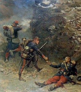 حرب 1870: "قاع جيبرني" "جندي مشاة مصاب يعطي آخر مقذوفاته لرفيقه خلال معركة شامبيني (11/11/1870). تفاصيل لوحة رسمها جان بابتيست إدوارد ديتايل (1848-1912) وألفونس دي نوفيل (دينوفي) بواسطة جان بابتيست إدوارد التفاصيل