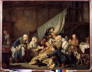 "" تقوى الوالدين أو الشلل الذي أنقذه أطفاله "" (تقوى الأبناء (المشلول)) لوحة رسم جان بابتيست غريوز (1725-1805) 1763 ديم. 115x146 سم متحف هيرميتاج ، سانت بطرسبرغ بواسطة جان بابتيست غريوز