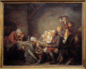 كعكة الملوك عائلة تشارك الكعكة في عيد الغطاس. رسم جان بابتيست غريوز (1725-1805) 1774 صن. 0،72x0،91 م متحف مونبلييه فابر بواسطة جان بابتيست غريوز