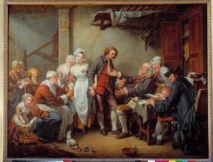أكوردي القرية والد العروس يعطي النوتة إلى صهره. رسم جان بابتيست غريوز (1725-1805). 1761 الأحد. 0.92 × 1.17 م. بواسطة جان بابتيست غريوز