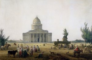 منظر للبانثيون في باريس مع عربة تحمل تمثال جان جاك روسو (1712-1778) ، ج 1792