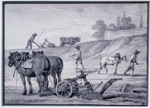 الزراعة: مشهد الحرث. رسم جان بابتيست هويت (1745-1811) القرن الثامن عشر في باريس ، متحف اللوفر