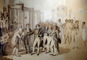 نابليون بونابرت (1769-1821) ، القنصل الأول ، بحضور جوزفين دي بوهارنيه ، يزور مصنع المخمل للأخوة سيفين في روان ، نوفمبر 1802 رسمًا في مغسلة جان بابتيست إيزابي (1767-1855) 1804 صن. 1،24x1،76 م فرساي ، مو بواسطة جان بابتيست إيسابي
